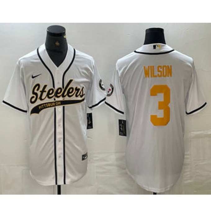 Men's Pittsburgh Steelers #3 Russell Wilson White With Cool Base Stitched Baseball Jersey