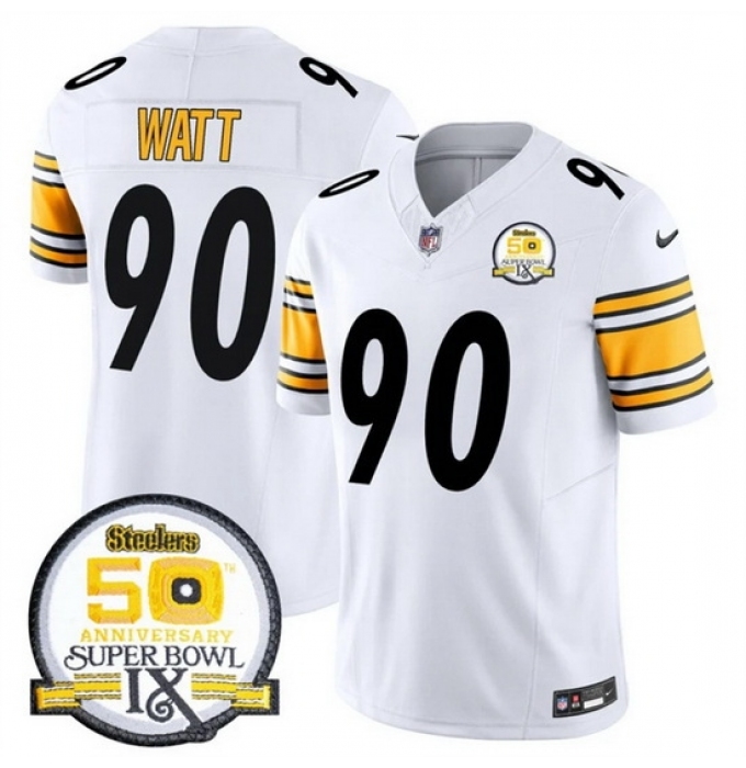 Men's Pittsburgh Steelers #90 T J Watt White 2024 F U S E 50th Anniversary Of Super Bowl IX Alternate Vapor Untouchable Limited Stitched Jersey