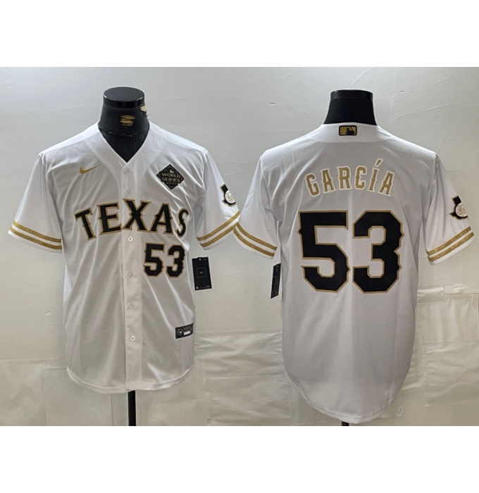 Men's Texas Rangers #53 Adolis Garcia Number White Gold Cool Base Stitched Baseball Jersey