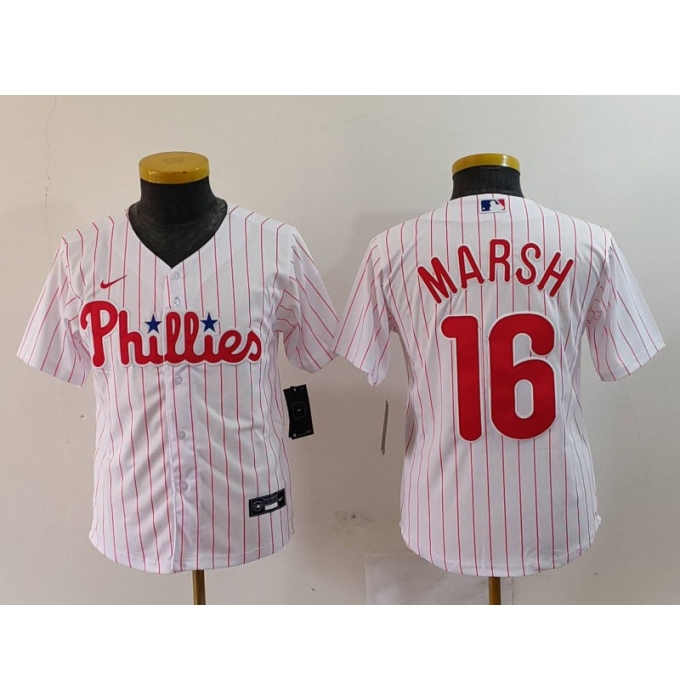 Youth Philadelphia Phillies #16 Brandon Marsh White Pinstripe Stitched Cool Base Jersey