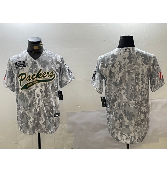 Men's Green Bay Packers Team Logo 2024 Arctic Camo Salute to Service Stitched Baseball Jersey