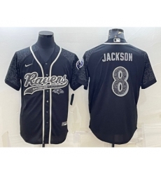 Men's Baltimore Ravens #8 Lamar Jackson Black Reflective With Patch Cool Base Stitched Baseball Jersey
