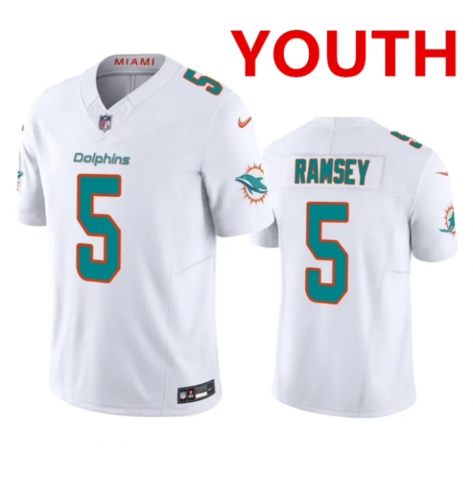 Youth Miami Dolphins #5 Jalen Ramsey White 2023 F.U.S.E Vapor Limited Stitched Football Jersey