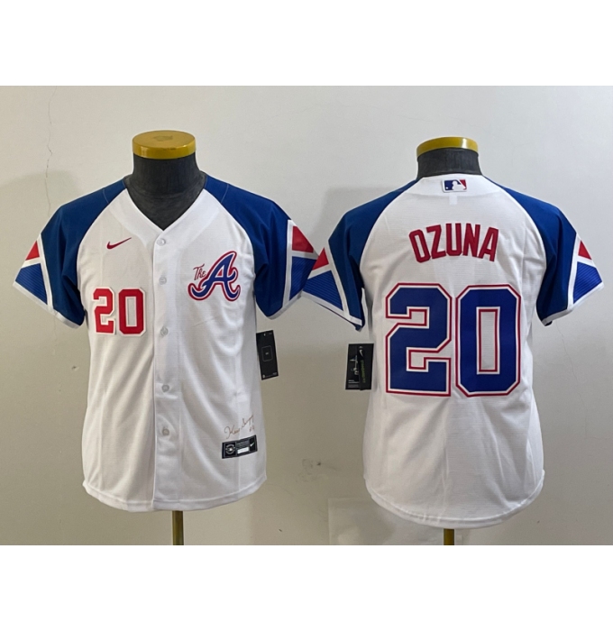 Youth Atlanta Braves #20 Marcell Ozuna Number White 2023 City Connect Cool Base Stitched Jerseys