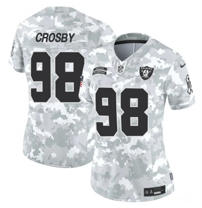 Women's Las Vegas Raiders #98 Maxx Crosby 2024 F.U.S.E Arctic Camo Salute To Service Limited Stitched Jersey(Run Small)