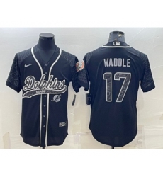 Men's Miami Dolphins #17 Jaylen Waddle Black Reflective With Patch Cool Base Stitched Baseball Jersey