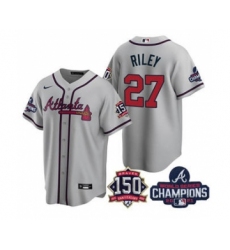 Men's Atlanta Braves #27 Austin Riley 2021 Grey World Series Champions With 150th Anniversary Patch Cool Base Stitched Jersey