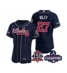 Men's Atlanta Braves #27 Austin Riley 2021 Navy World Series Champions With 150th Anniversary Flex Base Stitched Jersey