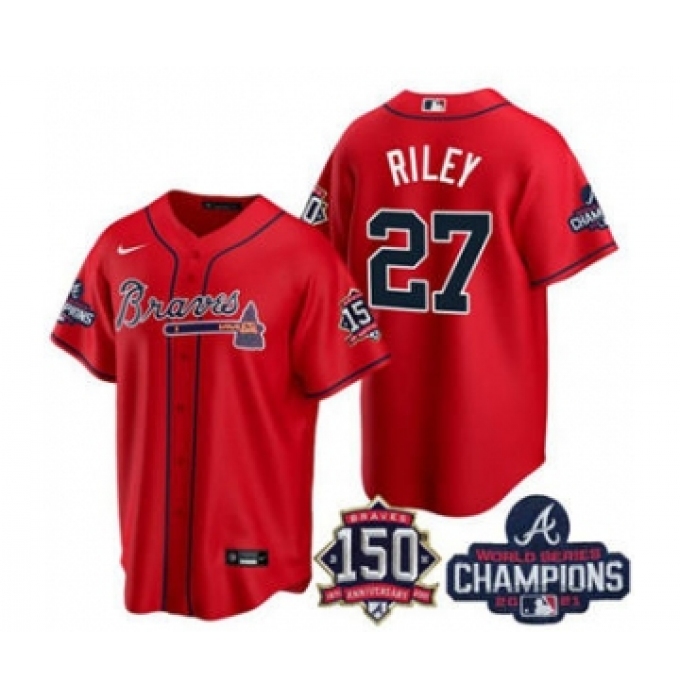 Men's Atlanta Braves #27 Austin Riley 2021 Red World Series Champions With 150th Anniversary Patch Cool Base Stitched Jersey