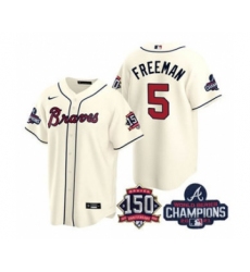 Men's Atlanta Braves #5 Freddie Freeman 2021 Cream World Series Champions With 150th Anniversary Patch Cool Base Stitched Jersey
