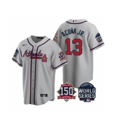Men's Atlanta Braves #13 Ronald Acuna Jr. 2021 Gray World Series With 150th Anniversary Patch Cool Base Baseball Jersey