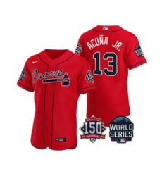 Men's Atlanta Braves #13 Ronald Acuna Jr. 2021 Red World Series Flex Base With 150th Anniversary Patch Baseball Jersey