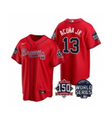 Men's Atlanta Braves #13 Ronald Acuna Jr. 2021 Red World Series With 150th Anniversary Patch Cool Base Baseball Jersey