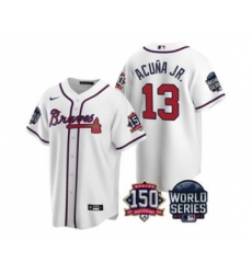 Men's Atlanta Braves #13 Ronald Acuna Jr. 2021 White World Series With 150th Anniversary Patch Cool Base Baseball Jersey