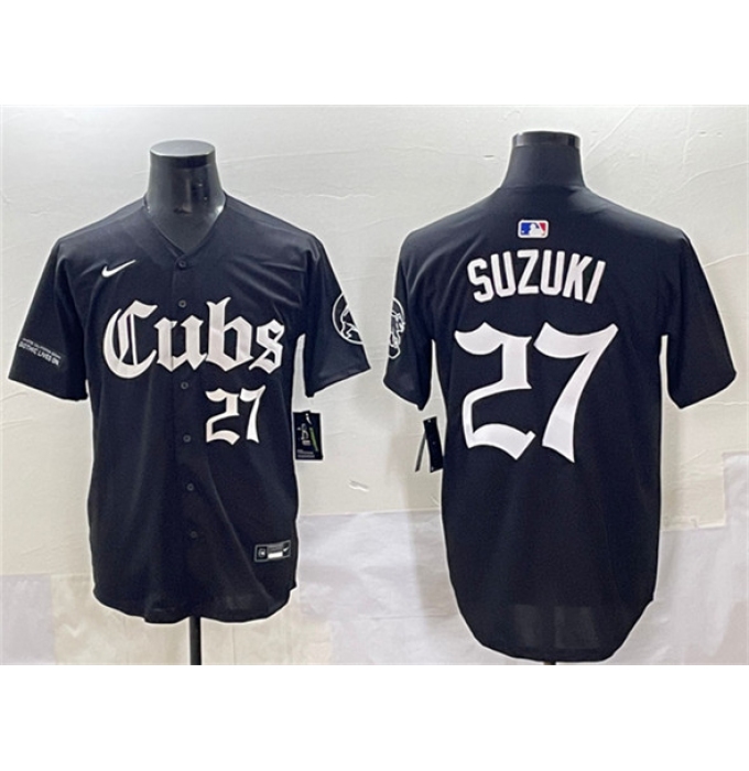 Men's Chicago Cubs #27 Seiya Suzuki Black 'Gothic North Side Edition' Vapor Premier Limited Stitched Baseball Jersey