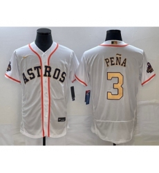 Men's Houston Astros #3 Jeremy Pena 2023 White Gold World Serise Champions Flex Base Stitched Jersey