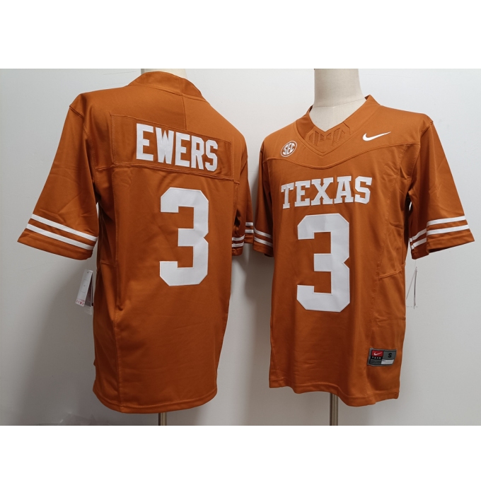 Men's Texas Longhorns #3 Quinn Ewers Orange FUSE College Stitched Jersey