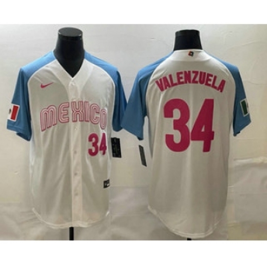 Men's Mexico Baseball #34 Fernando Valenzuela Number 2023 White Blue World Classic Stitched Jersey