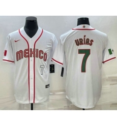 Mens Mexico Baseball #7 Julio Urias Number 2023 White Blue World Baseball Classic Stitched Jersey