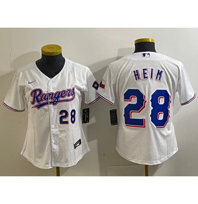 Youth Texas Rangers #28 Jonah Heim Number White 2023 World Series Champions Cool Base Jersey