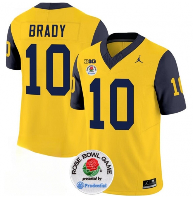 Men's Michigan Wolverines #10 Tom Brady 2023 F.U.S.E. Yellow Navy Rose Bowl Stitched Jersey