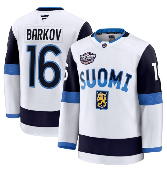 Men's Finland #16 Aleksander Barkov White 2025 4 Nations Face-Off Premium Stitched Jersey