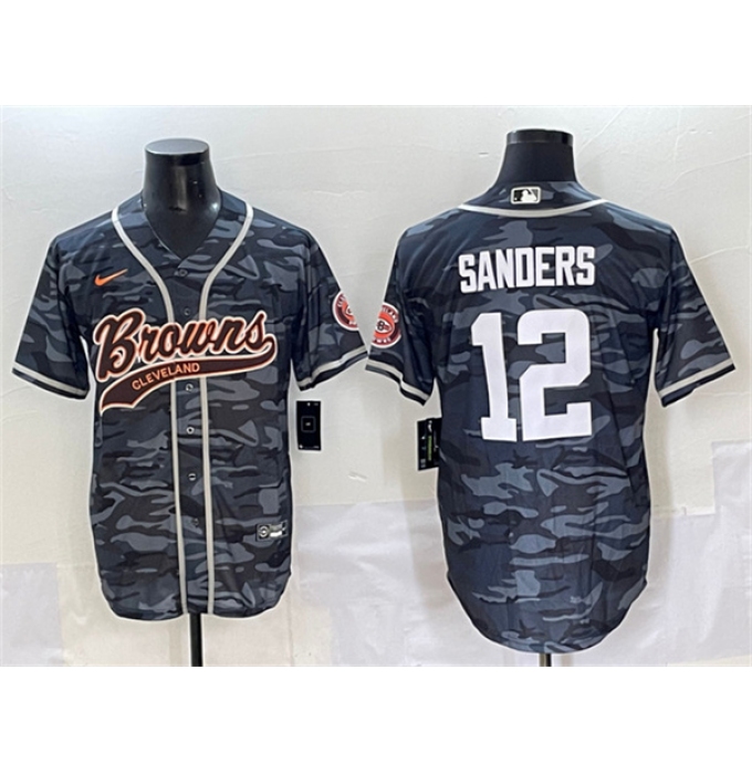 Men's Cleveland Browns #12 Shedeur Sanders Gray Camo With Cool Base Stitched Baseball Jersey
