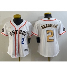 Women's Houston Astros #2 Alex Bregman Number 2023 White Gold World Serise Champions Cool Base Stitched Jersey