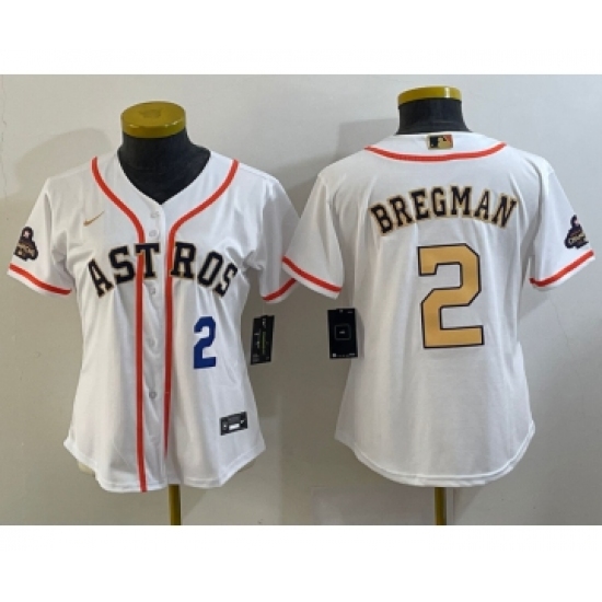 Women's Houston Astros #2 Alex Bregman Number 2023 White Gold World Serise Champions Cool Base Stitched Jersey