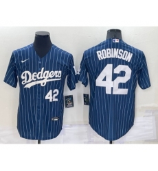 Men's Los Angeles Dodgers #42 Jackie Robinson Number Navy Blue Pinstripe Stitched MLB Cool Base Nike Jersey