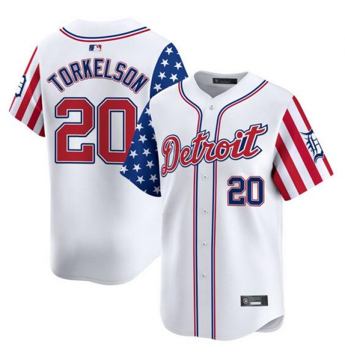 Men's Detroit Tigers #20 Spencer Torkelson White 2025 Independence Day Vapor Premier Limited Stitched Baseball Jersey
