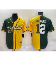 Men's Green Bay Packers #12 Aaron Rodgers Green Yellow Split With Patch Cool Base Stitched Baseball Jersey