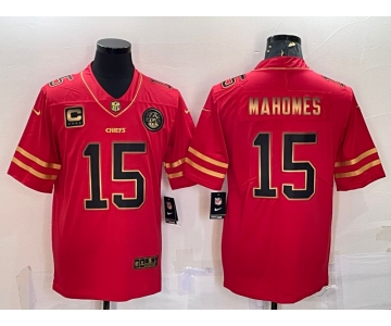 Men's Kansas City Chiefs #15 Patrick Mahomes Red Gold With C Patch Stitched Football Jersey